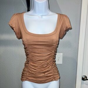 Bebe Tan Ruched Cap Sleeve Blouse - 1U